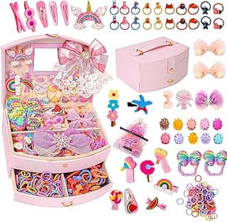 Hair Accessories Set for Girls: Jewelry Box, Hair Clips, Barrettes, Ties, Bows - Birthday Gift for Ages 4-10 (Square Jewelry Box) image