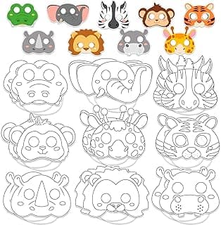 Lonfliness 63 Set Animal Coloring Mask Jungle Paper Arts Crafts Kids Color Your Own Wild Lion Blank DIY Mask Masquerade Birthday Party Dress-Up Decoration Favor School Classroom Activity Game Supplies