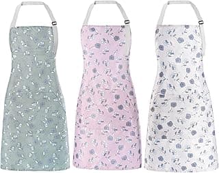 Apron for Women with Pockets, 3 PCs Waterproof Floral Apron with Adjustable Neck Strap for Cooking, Baking, Gardening, Art Craft image