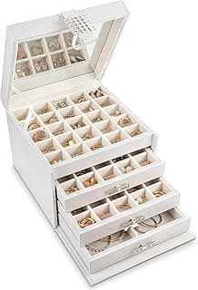 Earring Organizer Holder - 75 Small & 4 Large Slots Classic Jewelry Box with Drawer & Modern Closure, Mirror, 4 Trays Earrings, Ring or Chain Storage - PU Leather Case - White image