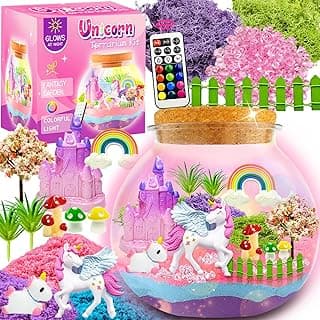 Terrarium Kit for Kids, Unicorn Toys for Girls Age 4-6, Arts and Crafts for Kids Age 4-8, 7 Year Old Girl Birthday Gift, Lego Unicorn Academy Toys, Craft Kits for Ages 8-12 with Romote LED Night Light image