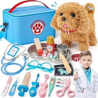 Doctor Kit for Kids Toddlers Toys Dog Vet Set, Wooden Veterinarian Playset with Walk Bark Electronic Interactive Puppy & Costume & Medical Bag Pet Care Toys Pretend Play Gifts for Girls 3 4 5 6+