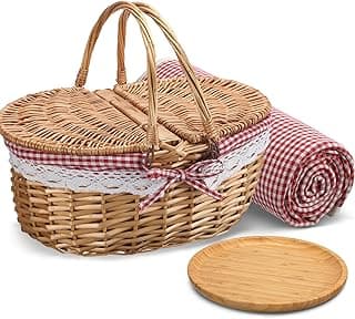 Picnic Basket with Blankets and Bamboo Plates Picnic Supplies Set Basket with Lid and Handle Wicker Picnic Basket Sturdy Woven Body with Washable Lining for Camping(Red) image