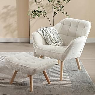Sherpa Accent Reading Chair with Ottoman, Modern Fuzzy Chair with Ottoman Upholstered Armchair with Wood Legs Comfy Lounge Chair for Small Spaces Living Room Bedroom Book Nook, White image