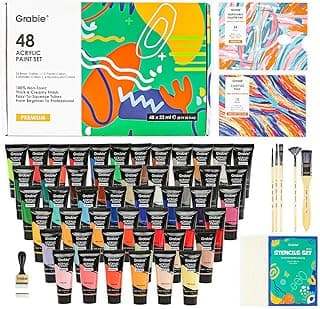 Grabie Acrylic Paint, 48 Colors Paint, Art Supplies, Acrylic Paint Set with 5 Paint Brushes, 10-Sheet Canvas Paper, 36-Sheet Disposable Palette Paper, Stencil Set, and Blending Tool, Craft Paint image