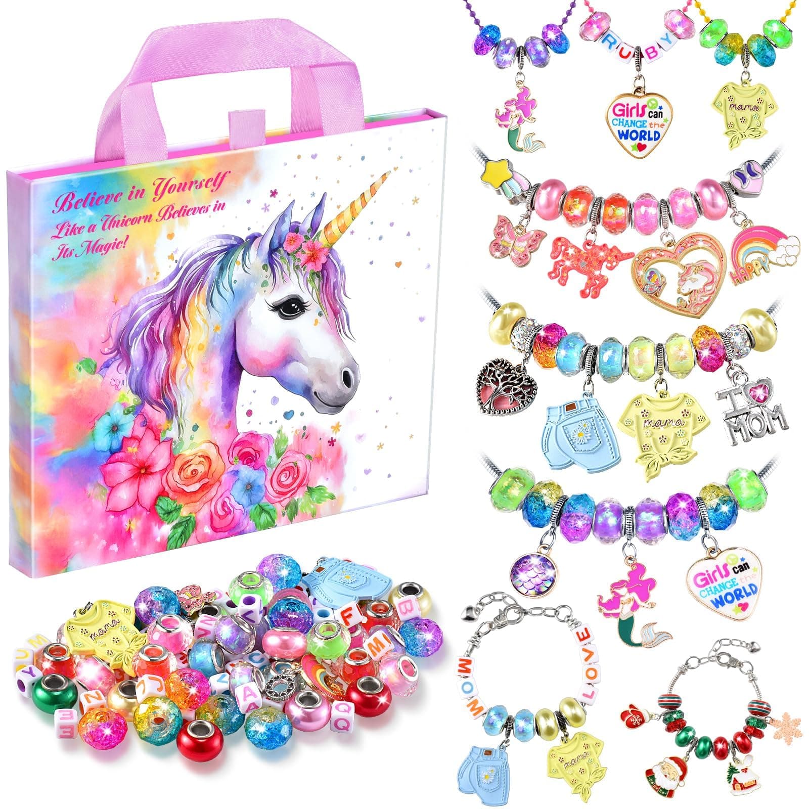 Girls Charm Bracelet Making Kit - Unicorn Jewelry Supplies Make Set DIY Art Craft Set Charm Bracelets Kits Creative Birthday Gifts for Kids Age 6 7 8 9 10 11 12 Year Old Girl Little Children Girl Toys image