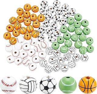 SUNNYCLUE 5 Styles Sport Beads Wood Beads Garland Sports Ball Bead 16mm Natural Wooden Beads Football Basketball Baseball Soccer Bead Kit for Crafting Wall Hanging Indoor Outdoor Decoration image