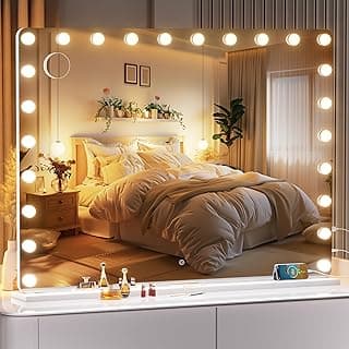 48''X36'' Hollywood Vanity Mirror with Lights, Lighted Makeup Mirror with 24 Dimmable LED Bulbs, 3 Color Lighting Modes & Stepless Dimming, USB & Type-C Charging Port, Wall Mounted Or Tabletop image