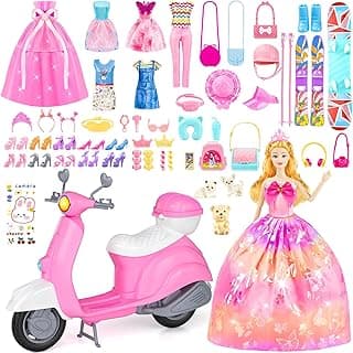 67PCS Doll & Toy Scooter, Travel Playset with 11.5 Inch Doll,Scooter,Skiing Kit,Dress,Casual Clothing,Pantsuit,Pet Set,Shoes,Doll Accessories and Sticker,Doll Dress up Toys for Girl Kid Gifts