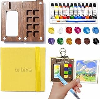 Mini Watercolor Palette Paint Set Travel Size - 12 Color Paint with 8-Wooden Grid Palette,Mini Sketchbook & Brushes | Portable Artist Supplies Kit for Students, Beginners, Outdoors Use (yellow)