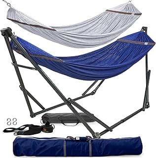 Tranquillo Combo x2 Hammocks with Stand for Outside & Tree Straps, Heavy Duty Hammock with Stand 600lbs for Indoor Outdoor Patio Backyard, x2 Hammocks for 2 Person, Portable Carrying Bags, Blue image