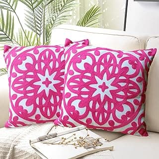 Alysheer Embroidered Decorative Throw Pillow Covers 18"x18" Set of 2 Pieces, Cozy Chic Boho Mandala Knit Pattern, Durable 100% Cotton Canvas Cushion Cases for Sofa Couch Living Room(Vivid Hot Pink) image