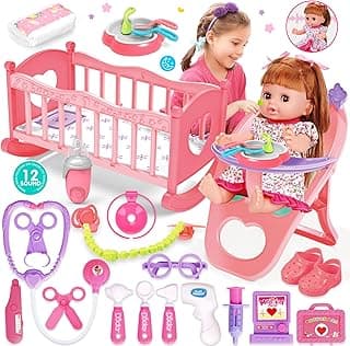 Baby Doll Toys Set, 14" Doll Toys, 25Pcs Doll Care Toy Playset, Toddlers Toy Doll Set Incl Cradle Crib, High Chair, Milk Bottle, Pacifier, Diaper, Baby Toy Gift for Age 3 4 5 6+ Years Old Girls Boys image