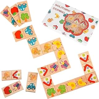 Busaurus- 28 Pcs Standard Edition Wooden Domino Puzzle Game - Multicolor Fruit & Animal Design, Educational Family Logic and Thinking Skill Development Toy, Kids Dominoes Set, Gift for Age 3+ image