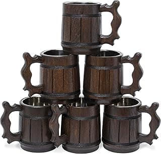 Set of 6 Beer Mug 20 OZ - Tankard Mug - Beer stein - Wooden beer mug - Stainless Steel Cup - Handmade Gifts for Men - Fathers Day, Christmas or Birthday Gift Idea - Retro Brown image