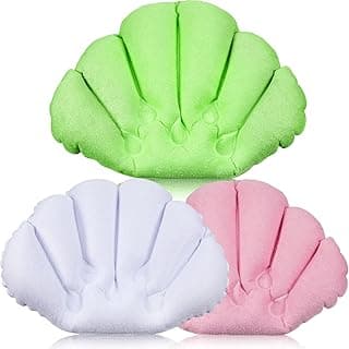 3 Pieces Inflatable Bath Pillow with Suction Cups, Terry Cloth Covered Bath Pillow Shell Shape Bathtub Spa Pillow Comfortable Soft Bath Cushion, Neck Support for Bathtub, Hot Tub (Pink, Green, White) image