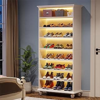 Tribesigns 9-Tier Shoe Storage Cabinet with LED Lighting, 30 Pairs Narrow Tall Freestanding Shoes Cabinet, Wood Entryway Shoe Organizer with Solid Wooden Legs for Closet (1, White) image