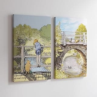 Monem Art 2-Piece Vintage Winnie Pooh and Friends Canvas - Winnie Pooh on Stone Bridge Print - Story Book Art - Aesthetic Kid's Room or Nursery Decor - Available in 8x10" to 30x40"