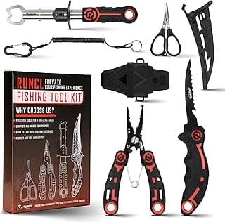 RUNCL 4pc Fishing Tool Kit- Fishing Pliers, Fish Fillet Knife with Sharpener, Fish Lip Gripper, Fishing Braid Scissors, Saltwater Fishing Gear and Equipment with Sheath/Lanyard, Fishing Gifts for Men image
