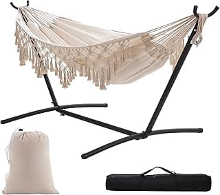 HBlife Double Hammock with Stand, Heavy Duty Hammocks for Outside with Macrame Max 450 LBS Comfortable Free Standing Hammock for Outdoor and Indoor, Includes Portable Storage Bags (Beige) image