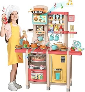 Kids Play Kitchen,Kitchen Playset with 65pcs Kitchen Toys for Toddlers,Play House Accessories with Spray Stove, Simulated Steam, Sink, Oven,Dishwasher, Real Sounds and Light for Girls and Boys image