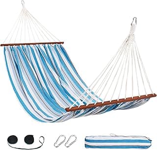 Lazy Daze Hammocks Cotton Fabric Spreader Bar Hammock, Outdoor Portable Hammock with Carrying Bag & Tree Straps for Bedroom, Patio, Backyard, Balcony, Max 450lbs Capacity, Blue & White