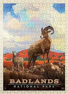 MyPuzzle Badlands National Park: Bighorn Sheep, Vintage Poster - Premium 500 Piece Jigsaw Puzzle for Adults image