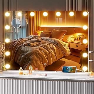 32''X22'' Hollywood Vanity Mirror with Lights, Lighted Makeup Mirror with 15 Dimmable LED Bulbs, 3 Color Lighting Modes & Stepless Dimming, USB & Type-C Charging Port, Wall Mounted Or Tabletop image