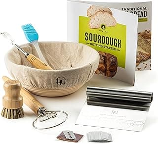 Sourdough Start Kit - Sourdough Bread Baking Supplies with Banneton Bread Proofing Basket Bowl, Cloth, Whisk, Bread Lame, Dough Scraper, 2 Brushes - Sourdough Starter Kit Bread Making & Baking Tools image