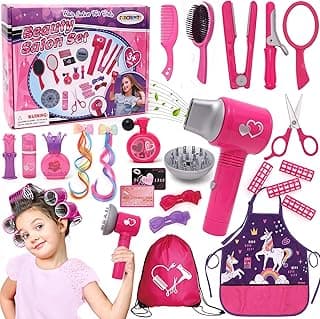 Hair Salon Toys for Girls Beauty Salon Set with Pretend Play Hair Salon Stylist Toy Kit with Barber Apron, Hair Dryer, Mirror, Scissors and Styling Accessories image