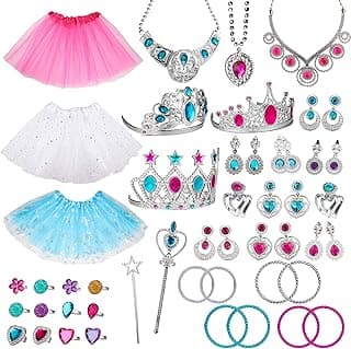 WATINC 51Pcs Princess Jewelry Toy Pretend Play Set Ballet Tutu Skirts of Stars Snowflake for Little Girls Crowns Necklaces Adjustable Jewel Rings Earrings Bracelets Wands Dress Up Accessories for Kids image