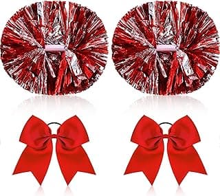 2 Pack 14 Inch Metallic Cheerleading Pom Poms with 2 PCS Cheerleader Hair Bows for Adults Team Spirit Cheering Football Baseball Softball Dance image