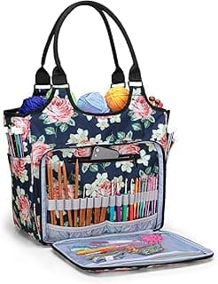 YARWO Knitting Tote Bag, Yarn Storage Organizer for Yarn Skeins, Knitting Needles, Crochet Hooks and Knitting Projects, Blue Peony (Patent Pending) image