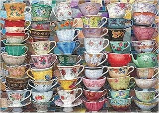 Teacups Puzzles for Adults 1000 Pieces, Colorful Tea Time Jigsaw Puzzles Features Classical Coffee Tea Cups, Challenging Retro Art Puzzles as Tea Cups Decor image