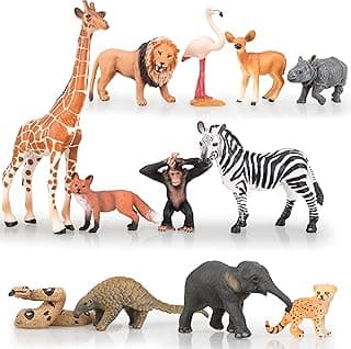 Toymany 12PCS Realistic Jungle Animals Zoo Animals Figurines, 2-6" Plastic Safari Animal Figures Set Includes Elephant,Lion,Giraffe,Chimpanzee, Cake Toppers Christmas Birthday for Kids Todllers image