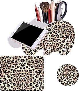 Desk Supplies Organiser, Elephant Pencil Holder with Phone Holder + Mouse Pad + Cute Coasters, Multifunction Removable Pen Cup Home Office Accessories Desk Decoration, Leopard Print image