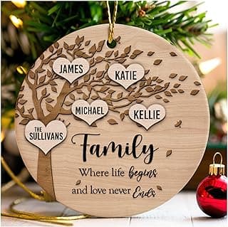 Family Where Life Begins and Never Ends Personalized 3 Inch Ceramic Christmas Ornament With Gift Box (4 Names) image