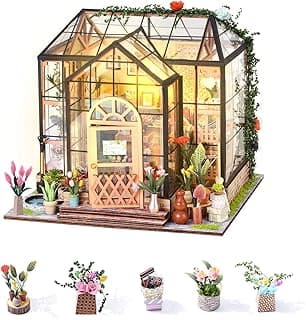 DIY Miniature Dollhouse Greenhouse Building Room Kit, Wooden Diorama Book Nook House Kits Build Crafts for Adults, Mini Street Tiny Library House Making Kit 1:24 Scale image