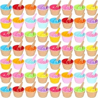 60 Pack Ice Cream Bowls Spoons Set Plastic Ice Cream Cups Cartoon Candy Color Ice Cream Bowls Kit Dessert Sundae Frozen Yogurt Bowls for Kids DIY Baking Summer Holiday Birthday Party Supplies image