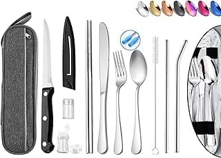 Portable Reusable Travel Utensils Silverware With Case, Camping Cutlery Set, Chopsticks and Straw, Flatware With Case, Stainless Steel Top (Silver) image