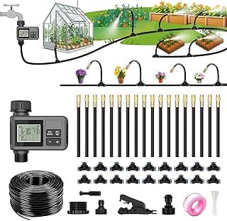 60FT Drip Irrigation System with Water Timer – Automatic Garden Watering Kit with 360° Bendable Hose & Adjustable Nozzles, Smart Irrigation System for Greenhouse, Lawn, Yard & Plants