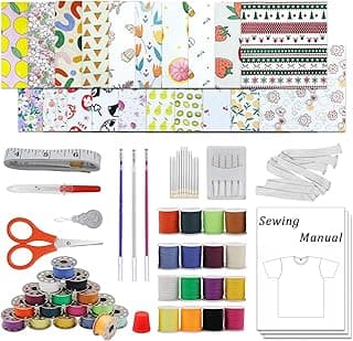 Sewing Machine Essentials Kit with 32 Pcs Sewing Thread, Easy Tutorials, Needles & Scissors, Measure Tape, Heat Erasable Pens, 7x7 in Fabric (20 Pcs) for Beginners, Adults, Home & DIY Projects - C