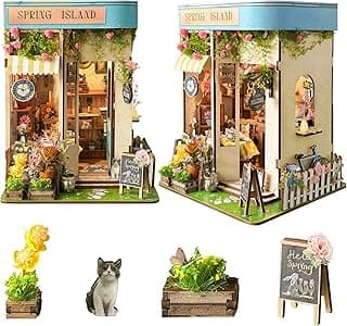 Spilay DIY Book Nook Kit Dollhouse DIY Miniature Wooden Furniture Kit,Mini Handmade Doll House Model, Bookends Model Kit with dust Cover & LED for Teens and Adults Gifts（Florist' S on Spring Lsle）