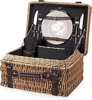 PICNIC TIME Champion Picnic Basket for 2, Large Wicker Hamper Set with Cutlery Service Kit (Black with Brown Accents) image