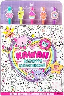 Just My Style Kawaii Activity Sketchbook, 20-Page Sketch Book with 5 Gel Pens, Kawaii Pen Toppers, Kawaii Coloring Book, Fun Drawing Pad, Cute Sketch Pad with Prompts, Sketch Book for Kids image