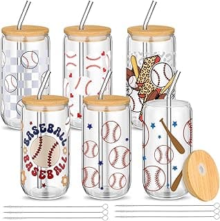 Vesici 6 Pack Sports Party Favors Glass Cups 16 oz with Lid and Straw Ice Coffee Mug Drinking Jars Sport Theme Gift for Birthday Sport Party Supplies (Baseball) image