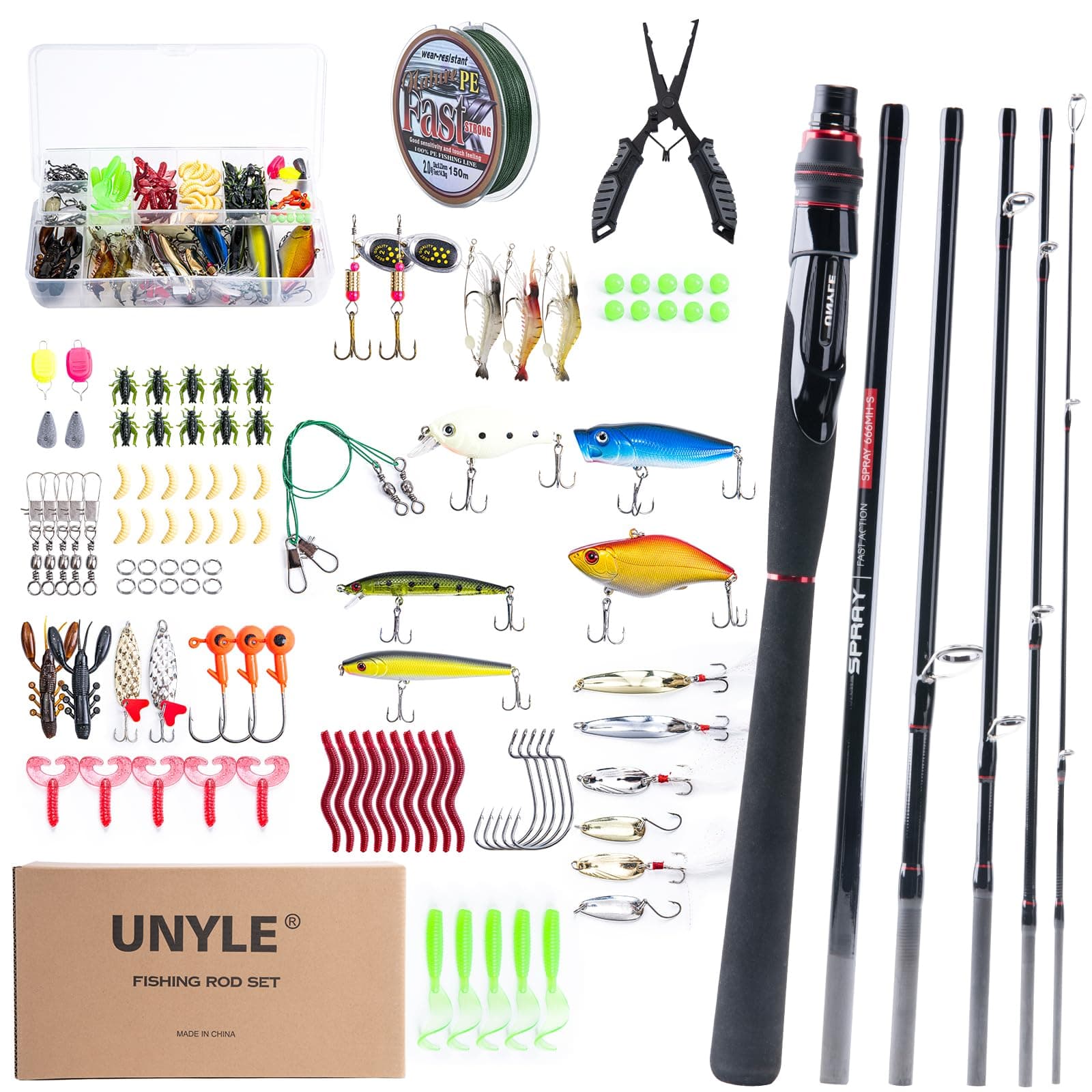 Fishing Rod and Spining Reel Combo, 24T Carbon Spin Fishing Rod 6.6"/7"/8", 6 Piece Portable Travel Spining Fishing Rod, Fishing Kits with Lures, Freshwater Saltwater Trout Bass Walleye Pike