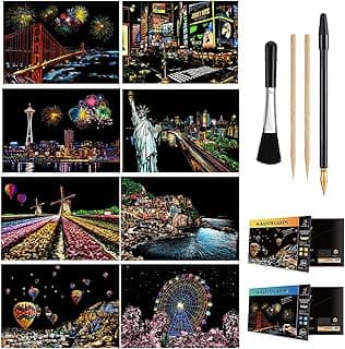 Scratch & Sketch Art Paper A4 for Kids & Adults, Rainbow Painting Night View Art&Craft, Engraving Art Set: 8 Sheets Scratch Cards & Scratch Drawing Pen, Clean Brush (U.S.A+Europe) image