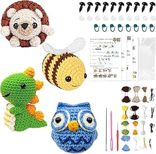 Crochet Hooks Set Beginners Knitting Handmade Fun DIY Charms Animal Series - Hedgehog Dinosaurs Owl Bee 4 Piece Step by Step Video Tutorials - Learning Crochet Set for Adults and Kids image