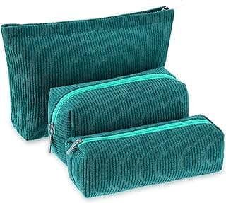 3 Pcs Makeup Bag Corduroy Cosmetic Bag Aesthetic Cute Preppy Makeup Bags for Women Smile Small Makeup Purse Pouch Travel Toiletry Bag Set Makeup Organizer with Zipper(Dark Green, Solid Style) image